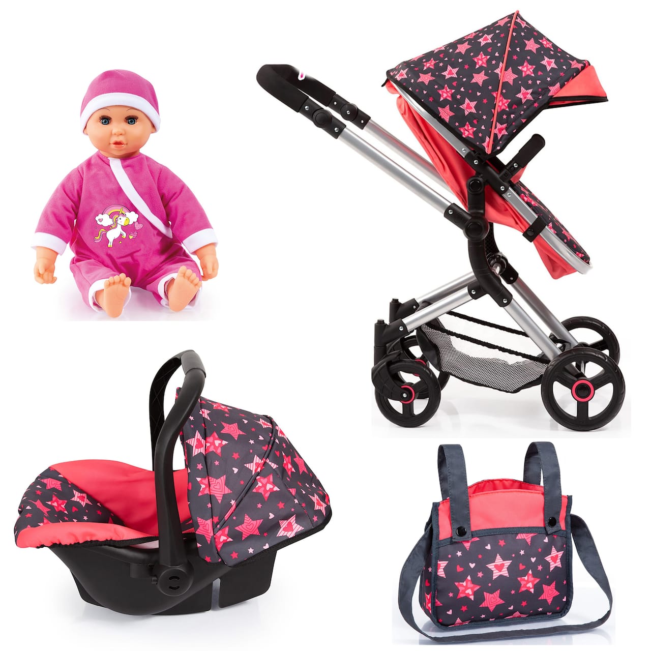 Bayer Design Neo Vario Red Stars Doll Pram & Car Seat Set